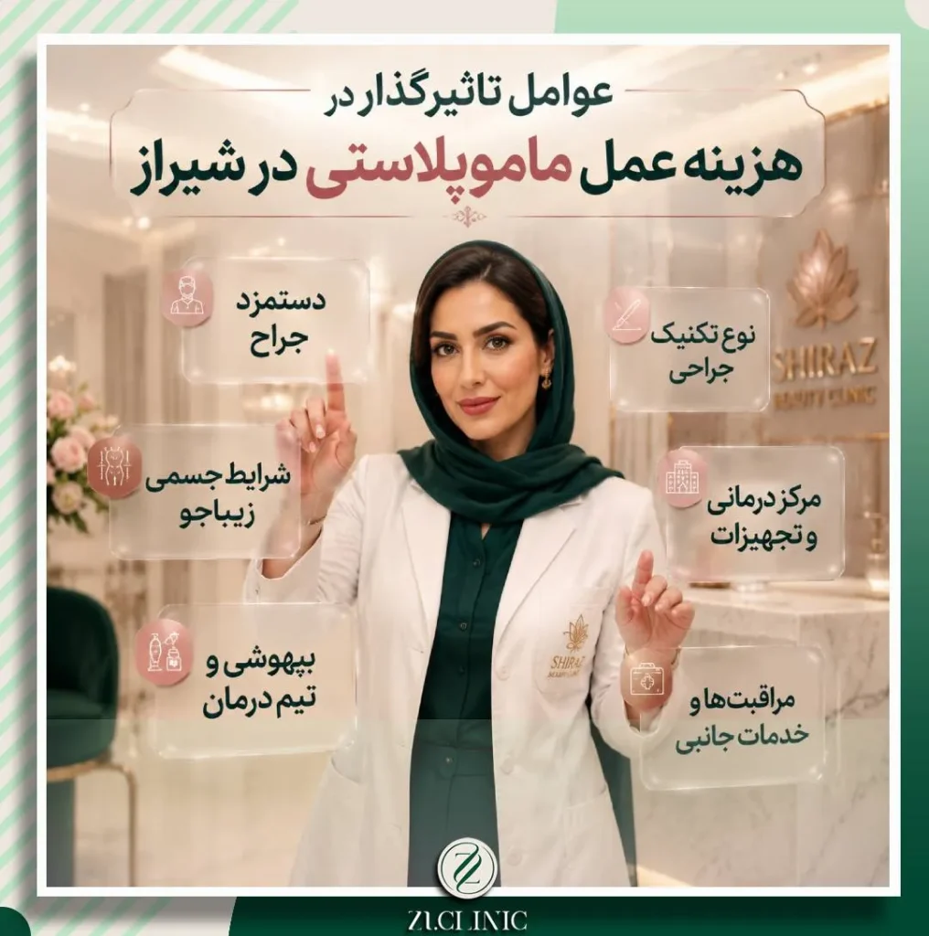 اینفوگرافی عوامل موثر بر قیمت و هزینه نهایی عمل جراحی ماموپلاستی در شیراز